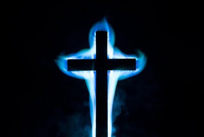 Blue Flaming Cross on Black