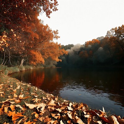 Autumn Trees by Lakeside with Fallen Leaves