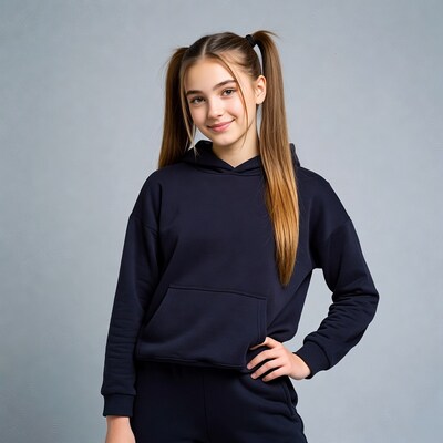 Girl with pigtails in navy hoodie