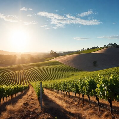 Vineyard rows at sunset