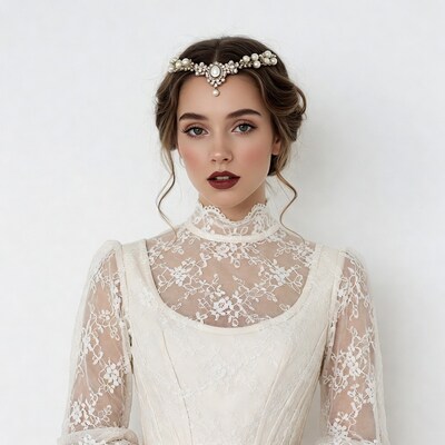 Woman in white lace dress with pearl headpiece