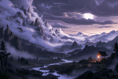 Moonlit Mountains with Japanese Lantern Hut