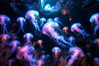 Glowing Blue Jellyfish in Dark Water