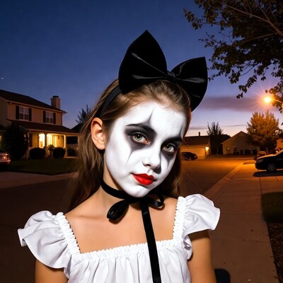 Girl in clown makeup on Halloween night