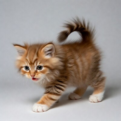 Fluffy orange tabby kitten walking