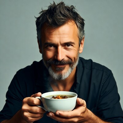 Mature man holding steaming soup bowl