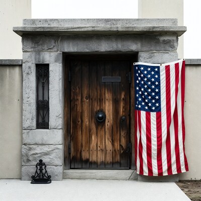 Wooden door with American flag