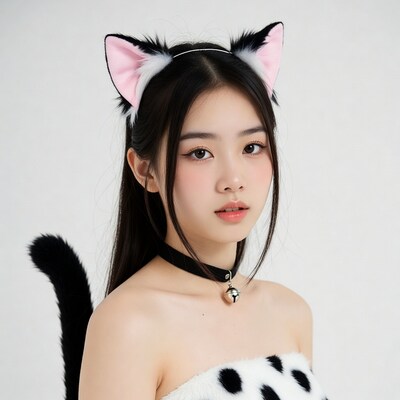 Asian woman in cat ears costume