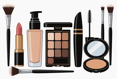 Colorful Makeup Brushes and Cosmetics Illustration