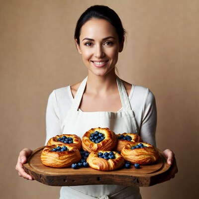 Woman holding blueberry danish pastries