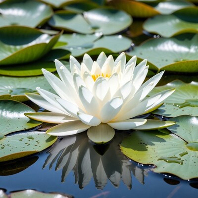 White lotus flower on lily pads