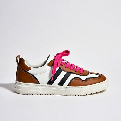 Brown white sneakers with pink laces