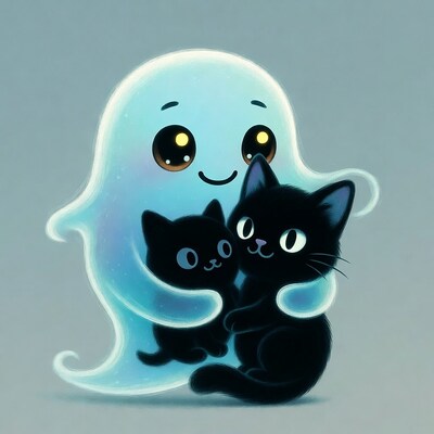 Cute ghost hugging black kittens