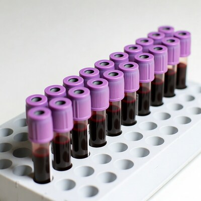 Purple-top blood tubes in rack