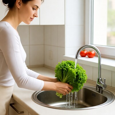 Woman washing lettuce in kitchen sink