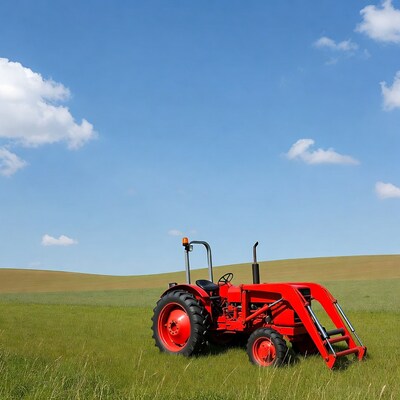Red tractor in green field