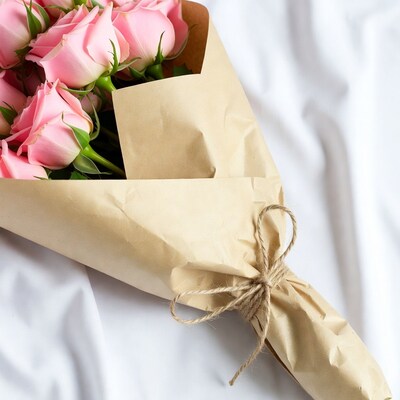 Pink Roses Bouquet in Brown Paper