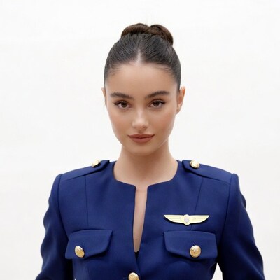 Woman in navy blue flight attendant uniform
