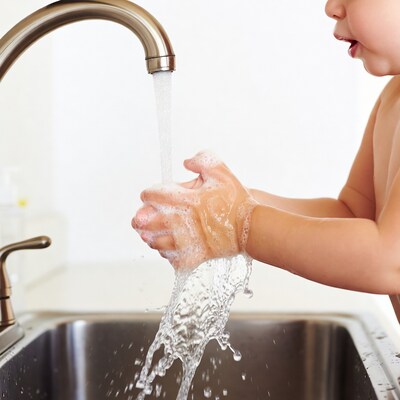 Toddler washing hands under faucet