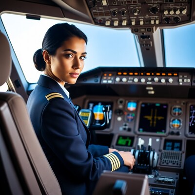 Female pilot in airplane cockpit
