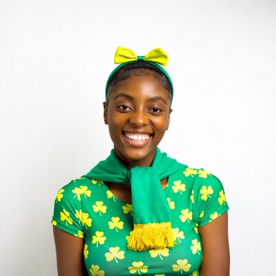 African-American woman in shamrock outfit smiling