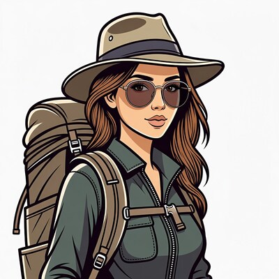 Woman hiker with backpack and hat