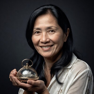 Asian woman holding glass dome lotus