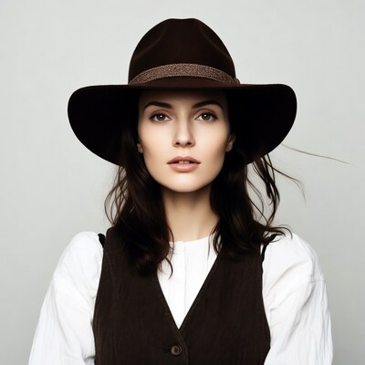 Woman wearing brown fedora hat
