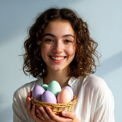 Girl holding pastel Easter eggs basket