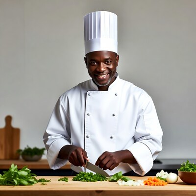 African-American chef chopping vegetables