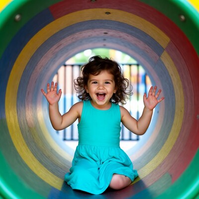 Happy girl in colorful playground tunnel