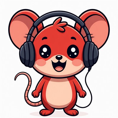 Cute red mouse wearing headphones