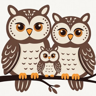 Owl Family on Branch Illustration