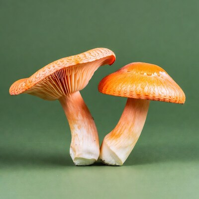Two Orange Mushrooms on Green Background