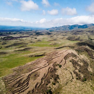 Aerial view of rolling green hills