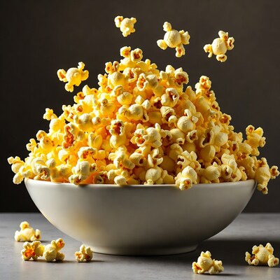 Popcorn overflowing from white bowl