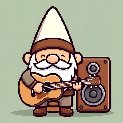 Gnome playing ukulele with speaker