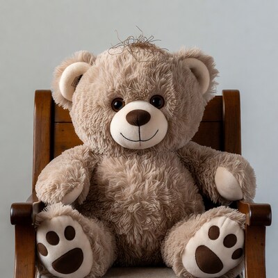 Tan teddy bear sitting in wooden chair