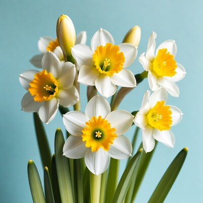 Bunch of white daffodils on blue background