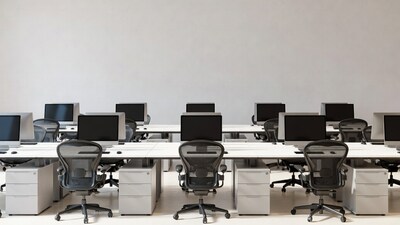 Empty modern office cubicles with computers