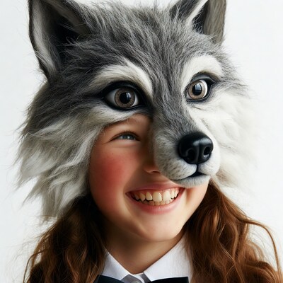 Girl smiling in wolf mask