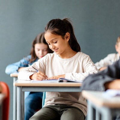 Girl writing in notebook at school desk