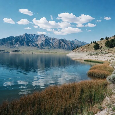 Mountain Lake with Reeds and Clouds