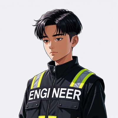 Anime engineer boy in reflective jacket