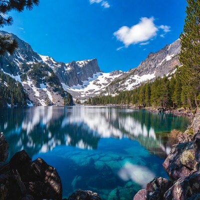 Crystal-clear alpine lake with snowy peaks