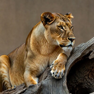 Lioness resting on tree trunk
