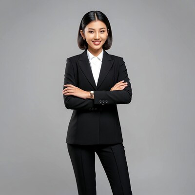 Asian woman in black suit smiling