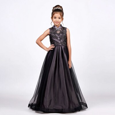 Asian girl in gray lace gown