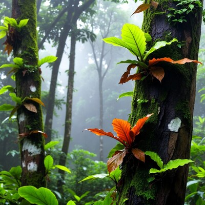 Mossy Trees with Epiphytes in Misty Rainforest
