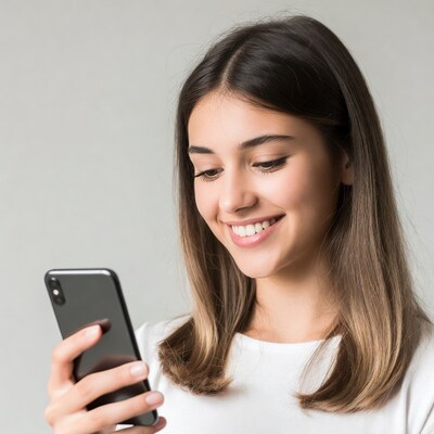 Smiling woman using smartphone